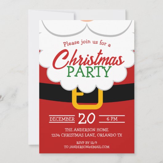 サンタのあごひげとベルトホリデークリスマスパーティー 招待状 (正面)