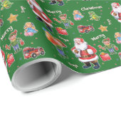 サンタのおもちゃおよび小妖精や小人の包装紙の緑 ラッピングペーパー (ロールコーナー)