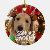 サンタのお気に入りのおもしろいペットのクリスマスの子犬の写真 セラミックオーナメント (正面)