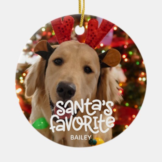 サンタのお気に入りのおもしろいペットのクリスマスの子犬の写真 セラミックオーナメント (正面)