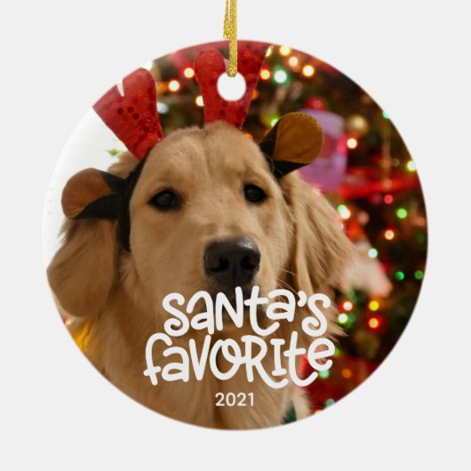 サンタのお気に入りのおもしろいペットのクリスマスの子犬の写真 セラミックオーナメント (裏面)