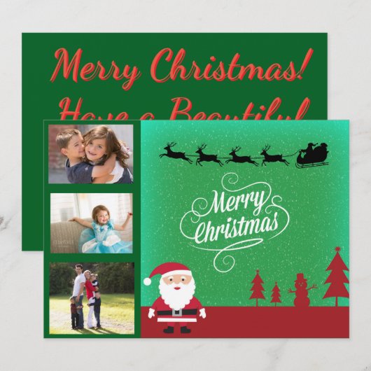 サンタのそりと家族の3枚の写真のクリスマス シーズンカード (正面/裏面)
