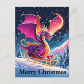 サンタのそりに乗る紫色のドラゴン メリークリスマス シーズンポストカード (正面)