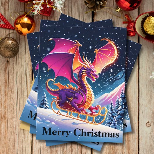 サンタのそりに乗る紫色のドラゴン メリークリスマス シーズンポストカード