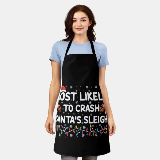 サンタのそりをクラッシュする可能性が最も高い 面白いクリスマス エプロン (着用した状態)