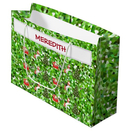 サンタのそりを引くユニコーンによるクリスマスプレゼント ラージペーパーバッグ (正面アングル)