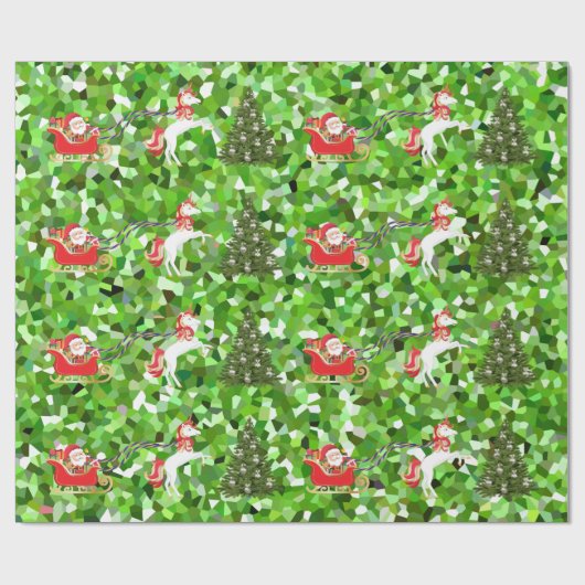 サンタのそりを引くユニコーンへのクリスマスプレゼント ラッピングペーパー (フラット)