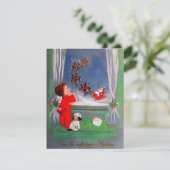 サンタのそりを見るビンテージのクリスマス・チャイルド シーズンカード (スタンド正面)