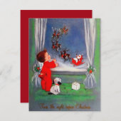 サンタのそりを見るビンテージのクリスマス・チャイルド シーズンカード (正面/裏面)