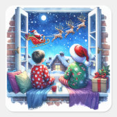サンタのそりクリスマスイブを見ている子供たち スクエアシール (正面)