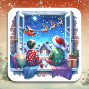 サンタのそりクリスマスイブを見ている子供たち スクエアシール