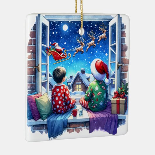 サンタのそりクリスマスイブを見ている子供たち セラミックオーナメント (右)