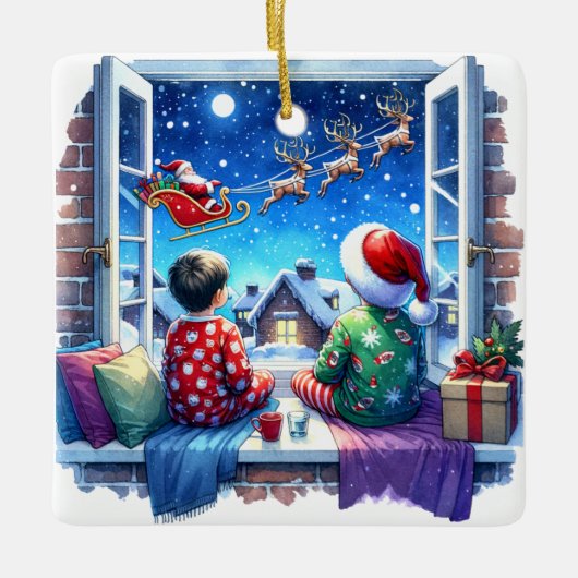 サンタのそりクリスマスイブを見ている子供たち セラミックオーナメント (正面)