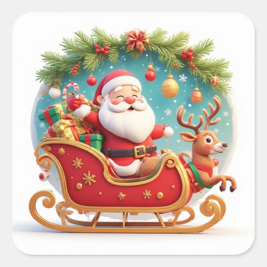 🎁サンタのそりトナカイ クリスマスステッカー ✨ スクエアシール (正面)
