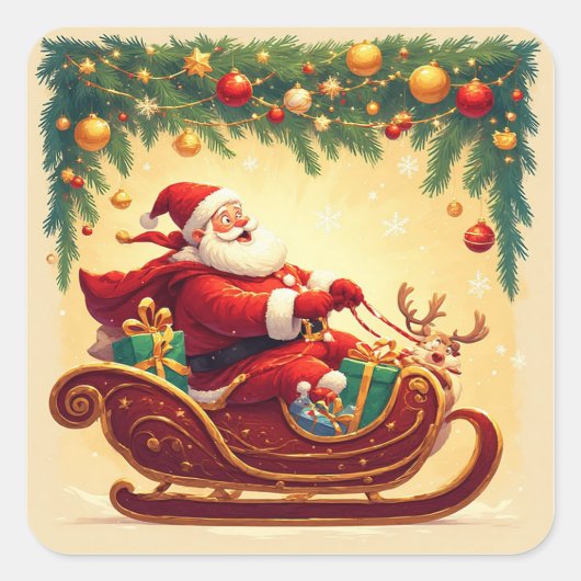 🎁サンタのそりトナカイ クリスマスステッカー Fun ✨ スクエアシール (正面)