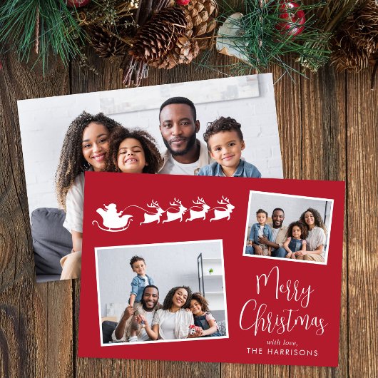 サンタのそり 3枚の写真入り クリスマスカード