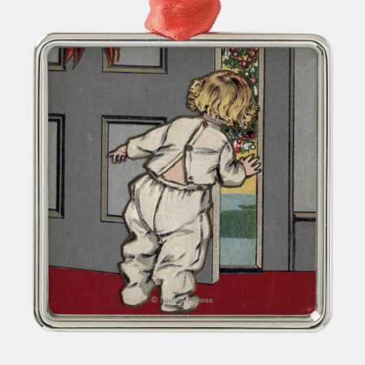 サンタのためにかいま見るクリスマスGreetingsKid メタルオーナメント (正面)