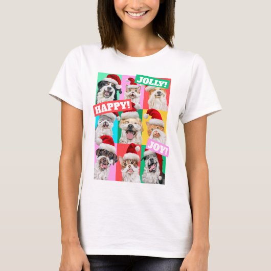 サンタのひげをつけた犬と猫 Tシャツ (正面)