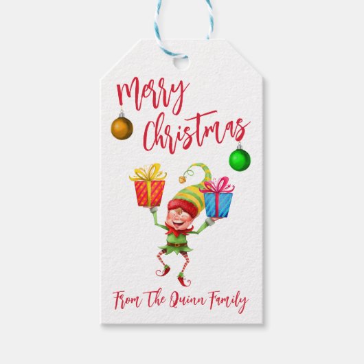サンタのエルフとプレゼント メリークリスマス ホリデー ギフトタグ (正面)