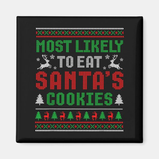 サンタのクッキーを食べそうな家族のクリスマス マグネット (正面)