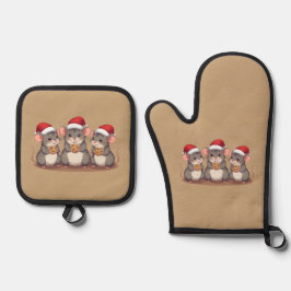 サンタのクッキーを食べるクリスマスのネズミ、オーブンミトン 鍋つかみ&鍋敷きセット