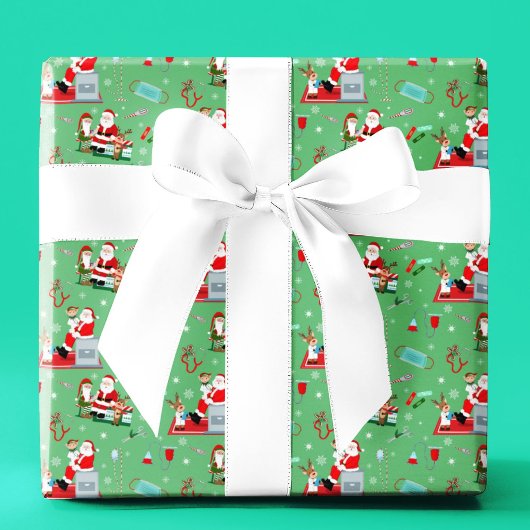 サンタのクリスマスと医者 グリーン ラッピングペーパー