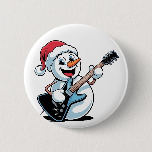 サンタのクリスマスにエレキギターを演奏する雪だるま 缶バッジ (正面)