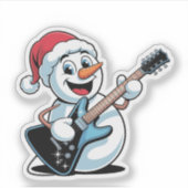サンタのクリスマスのエレキギターを演奏する雪だるま シール (正面)