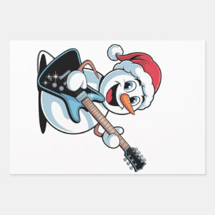 サンタのクリスマスのエレキギターを演奏する雪だるま ラッピングペーパーシート