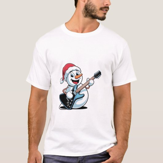 サンタのクリスマスのエレキギターを演奏する雪だるま Tシャツ (正面)