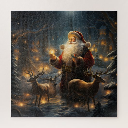 サンタのクリスマスの夜の雪の森 ジグソーパズル (縦)