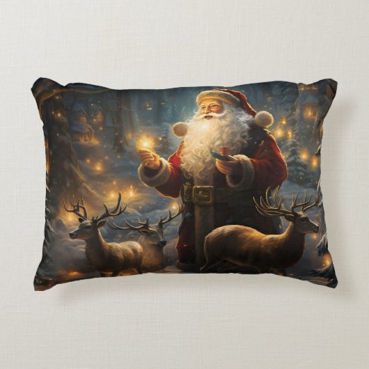サンタのクリスマスの夜、雪の森 アクセントクッション (正面)
