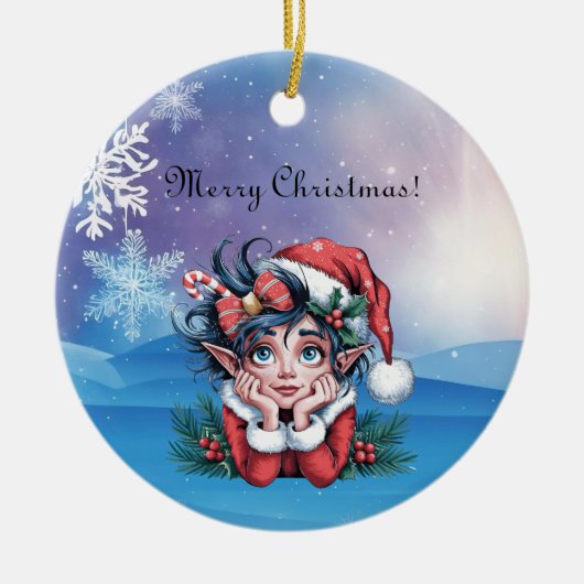 サンタのクリスマスエルフの祝祭 セラミックオーナメント (正面)