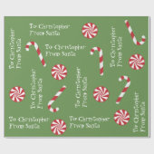 サンタのクリスマスキャンデーの緑からのパーソナライズなギフト ラッピングペーパー (フラット)