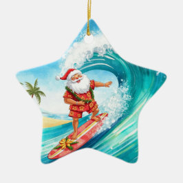 サンタのクリスマスサーファーが大きな波に乗ってサーフィン セラミックオーナメント