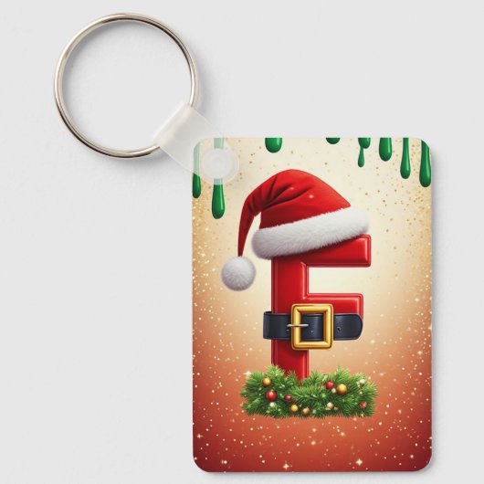 サンタのクリスマスリースのアクセントが付いたFの文字 🎅 キーホルダー (正面)