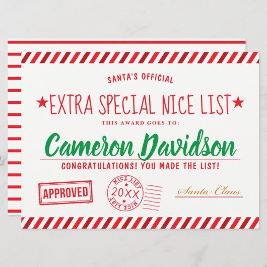 サンタのクリスマス·ナイス·リスト賞 招待状 (正面/裏面)