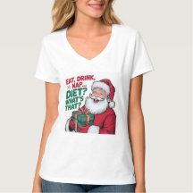 サンタのクリスマスTシャツ 食べる 飲む 寝る 女性用
