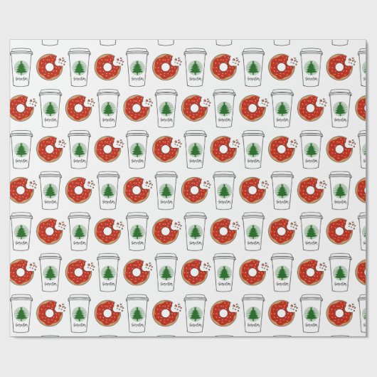 サンタのコーヒーとドーナツのクリスマス ラッピングペーパー (フラット)