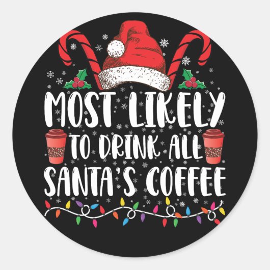 サンタのコーヒーを飲み干しそうなクリスマス ラウンドシール (正面)