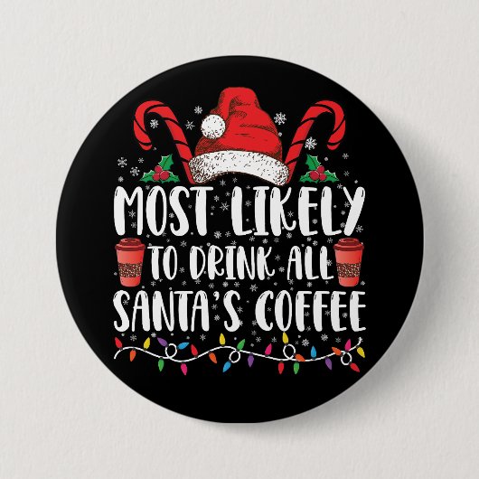 サンタのコーヒーを飲み干しそうなクリスマス 缶バッジ (正面)