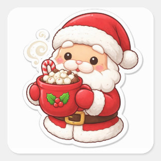「サンタのコーヒー休憩」 かわいいクリスマスステッカー スクエアシール