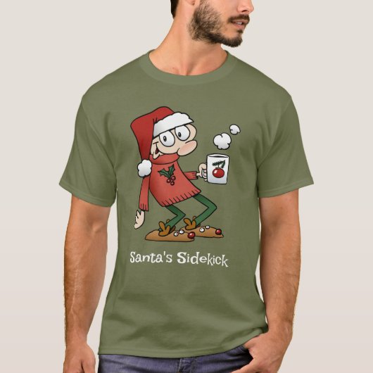 サンタのサイドキックかわいいおもしろいクリスマス漫画の男 Tシャツ (正面)