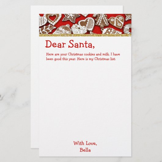 サンタのジンジャーブレッド|のクリスマスのリストへの手紙 便箋 (正面/裏面)