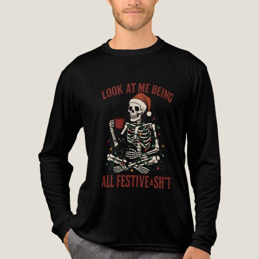 サンタのスケルトンとネコのホリデー トライブレンドTシャツ (正面)