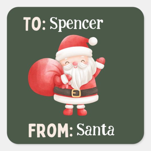 サンタのステッカーからかわいい赤い緑のクリスマス スクエアシール (正面)