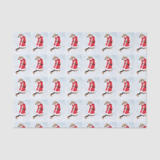 サンタのスーツのクリスマスを身に着けている雪のかわいい犬 薄葉紙 (正面)