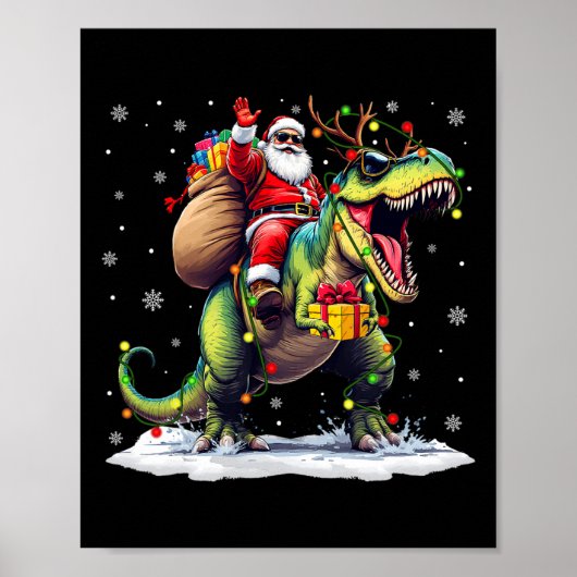 サンタのティラノサウルス乗馬 クリスマス 少年 男性 Xmas ポスター (正面)