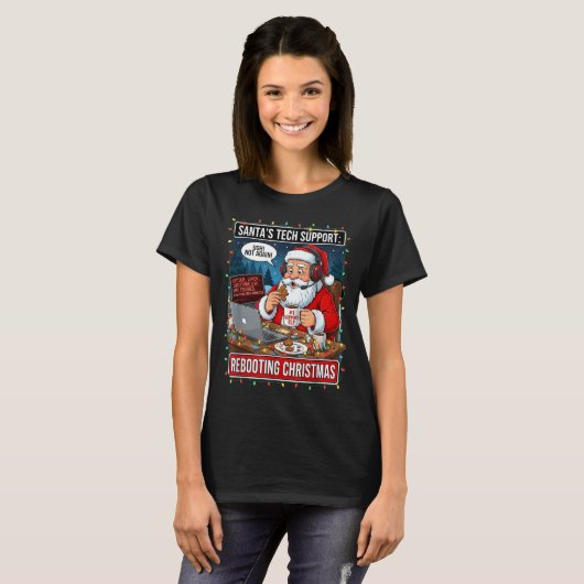 サンタのテクニカルサポート_ クリスマスを再起動する面白いデザイン  Tシャツ (正面フル)