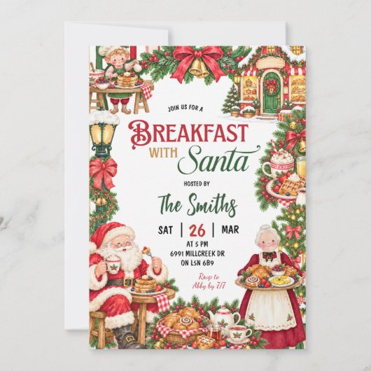 サンタのテーマ サンタと朝食 クリスマス 招待状 (正面)